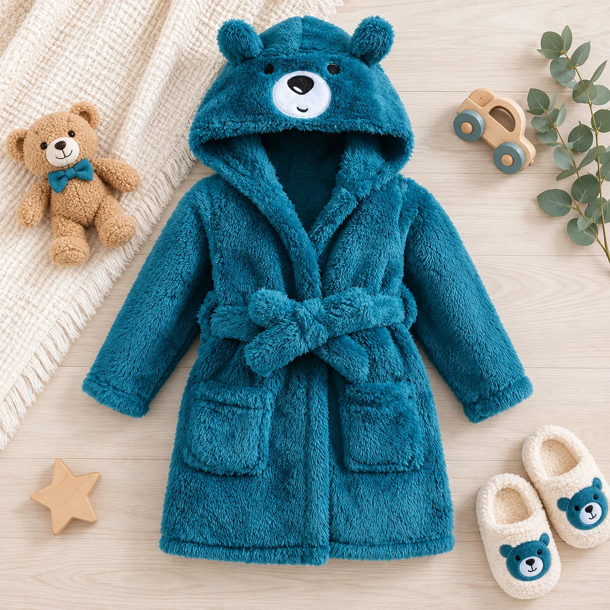 Boy Flannel Pajamas Robe Winter Children Sleepwear Soft Blue cartoon Bear Shape Hooded Kids Homewear 9-12month-2-7Years
