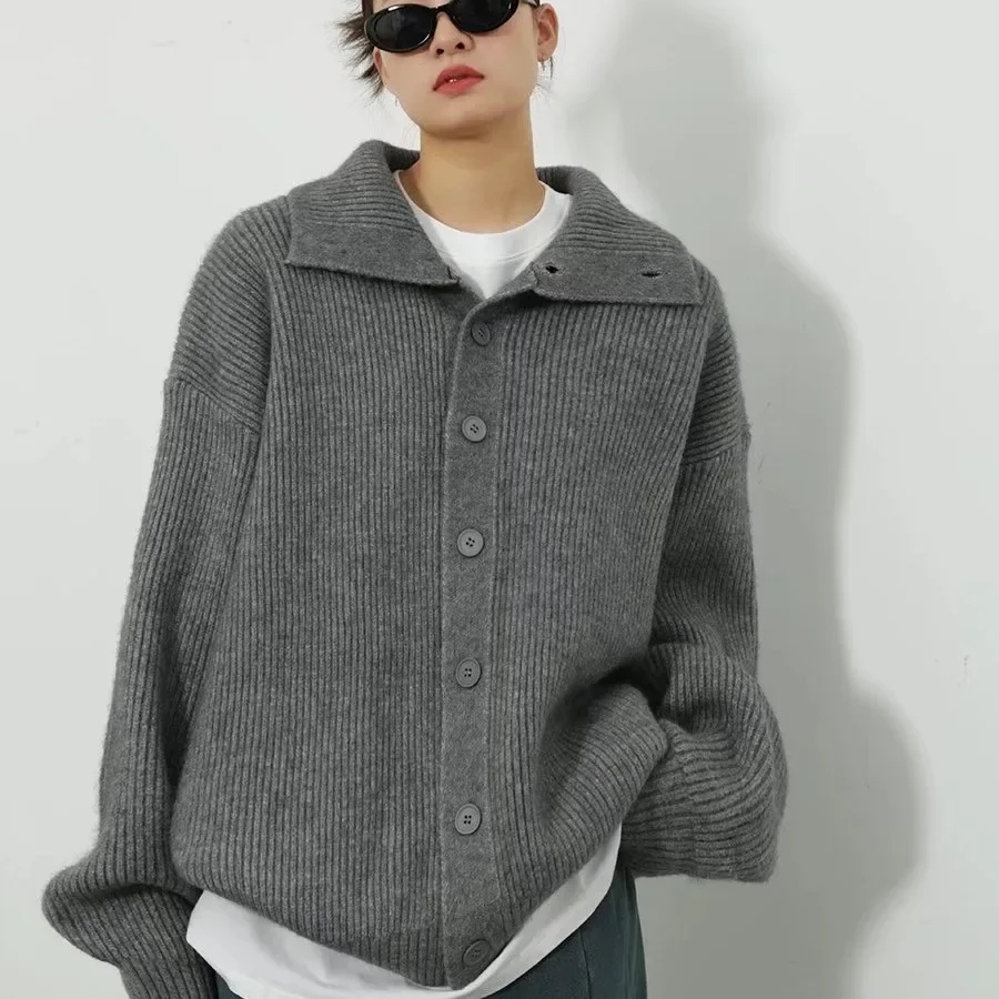 Y2k-cárdigan de punto gris para mujer, Chaqueta larga de ganchillo negro, suéter suelto de manga larga, suéter cálido, cárdigans casuales, Otoño e Invierno