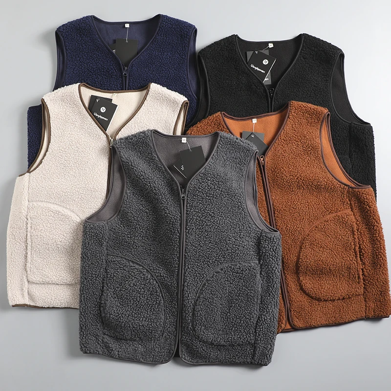 

Мужской теплый жилет из овечьей шерсти на молнии, осенне-зимний, модный, повседневный, молодежный, с V-образным вырезом, приталенный крой