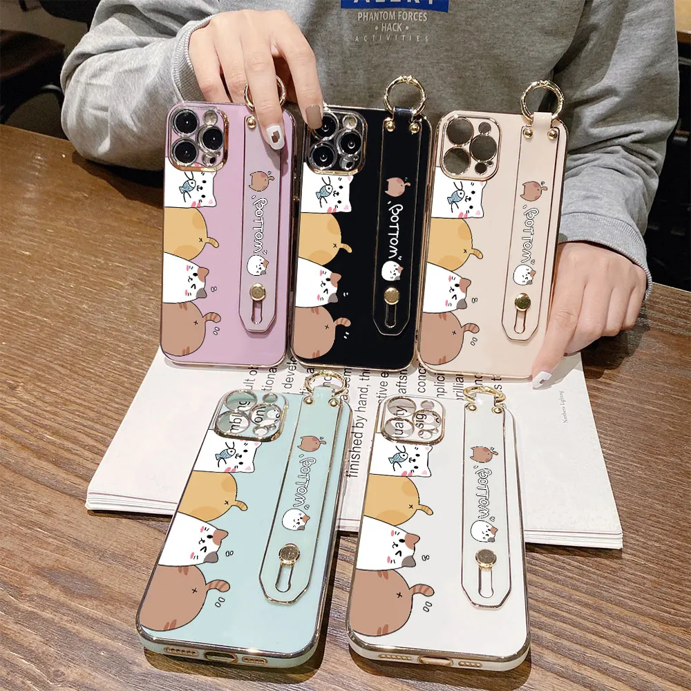 (With Wristband) For Xiaomi Poco X5 Pro 5G Poco F5 Poco M5 Poco M5s Cartoon Cat Back Cover Luxury Plating TPU Phone Case