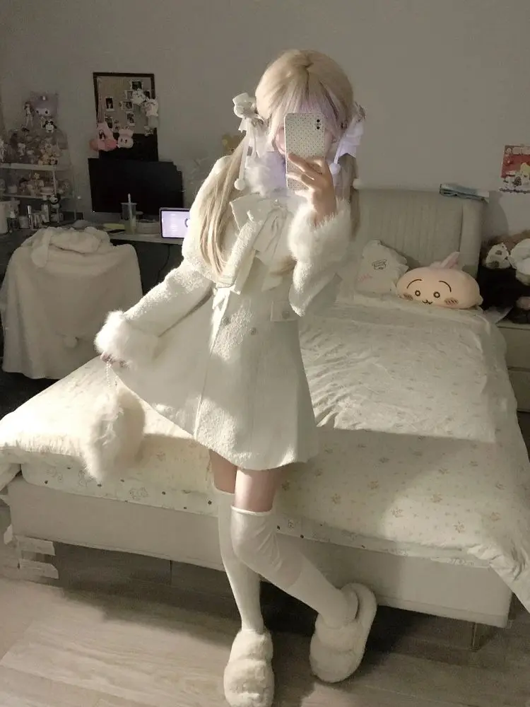 

Japanese Sweet Fashion Bow Cape + Elegant Slim Faux Fur Coat Preppy Style 2 Piece Sets Winter Vintage Warm Y2K Clothing New