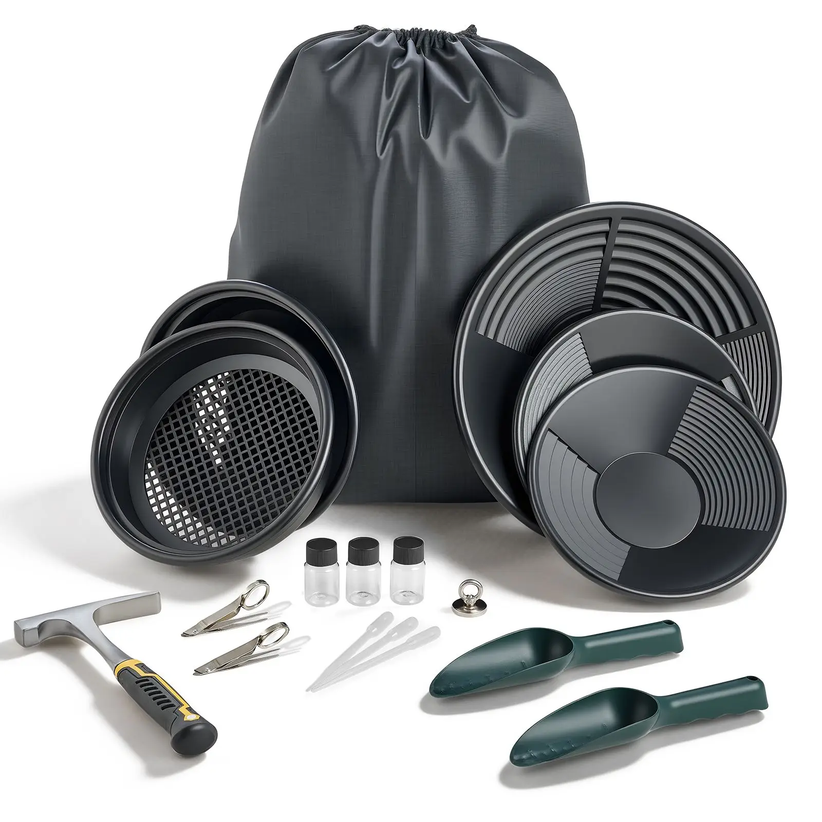 Gold Panning Kit, 10 in and 14 in Pans, 19 PCS Portable Prospecting Equipment Kit with Classifier Sieves, Sand Magnet, Rock Pick