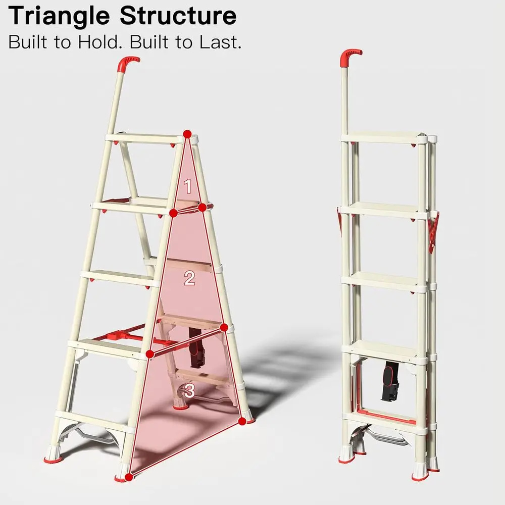 5段はしご、安全ロック付き4.4フィート折りたたみステップスツール、幅広滑り止めペダルと格納式ハンドグリップ、家庭用ヘビーデューティー380ポンド