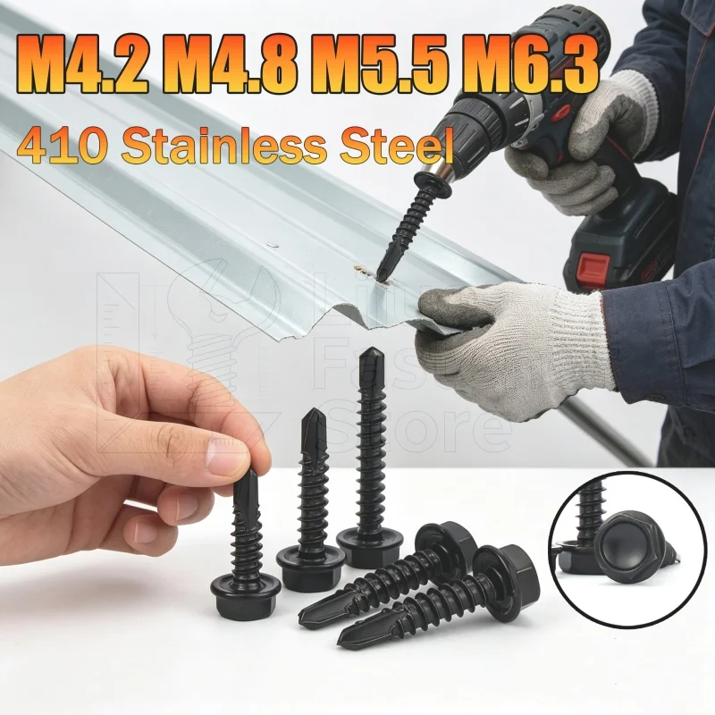Hex Washer Head Self Drilling Screws M4.2 M4.8M5.5M6.3 8# 10# 12# 14# Black Zinc 410 Sheet Metal Tapping Screw Drill Tail Screws