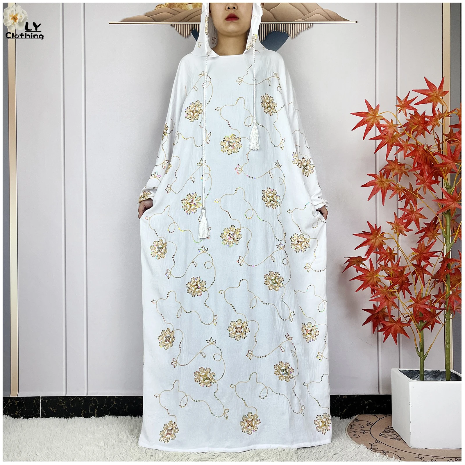 2024New Style Ramadan Muslim Hooded Prayer Garment Dubai Turkey Islam Long Sleeve Robe Cotton Embroidery Islam Abaya Women Dress