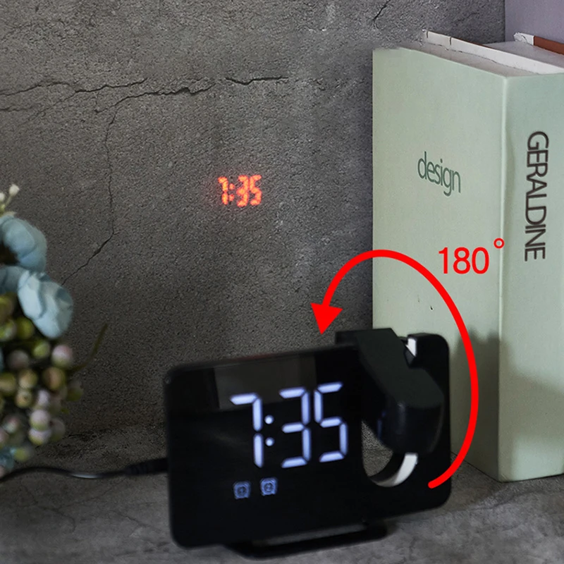 Bedroom Projection Alarm Clock, Digital Clock Radio with Projector, FM Radio, Adjustable Brightness, USB Port, Dual Alarms