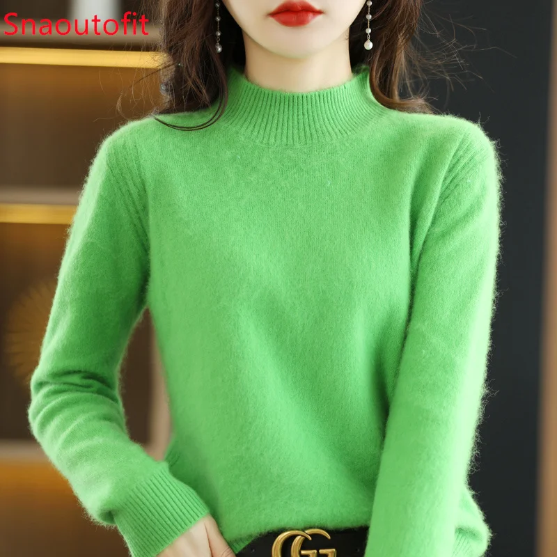 Half-High Collar Pure Mink Cashmere Sweater Women\'s Long Sleeve Top Autumn and Winter Warm Loose Knit Pullover Solid Color Base