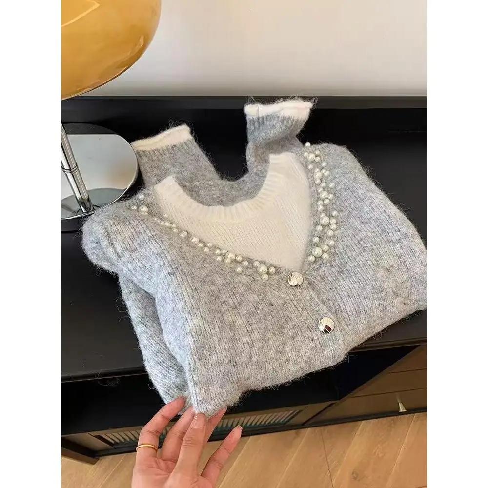 

Ele Вязаный свитер женский Faionable Layering Overhead Design Удобный шерстяной материал V-Ne ort Sle Button De...