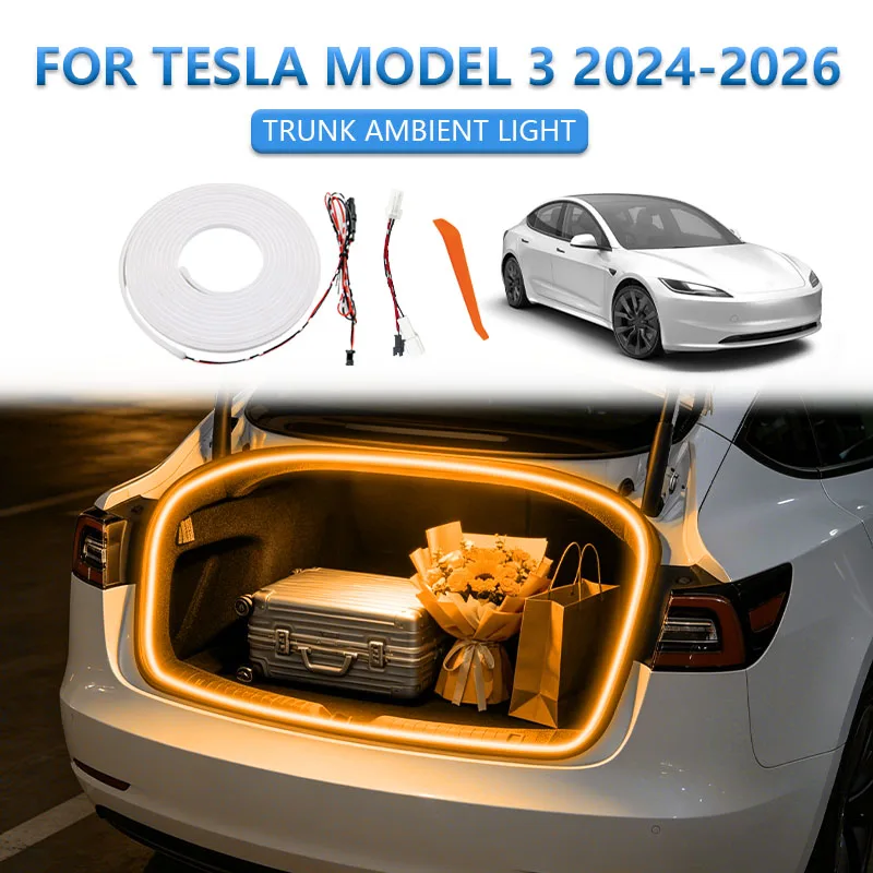 Für Tesla Model 3 2024-2026 Kofferraumbeleuchtung Modifikationslicht Ambientebeleuchtung Weiß Warmweiß Heck-Kofferraum LED-Lichtleiste