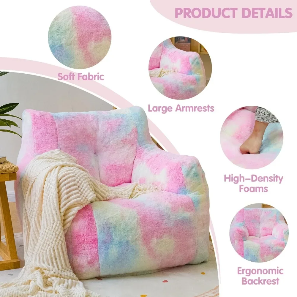 37 inch colorful giant bean bag, covered with artificial fur and sponge filling, pink, with handrails, bedroom, dormitory