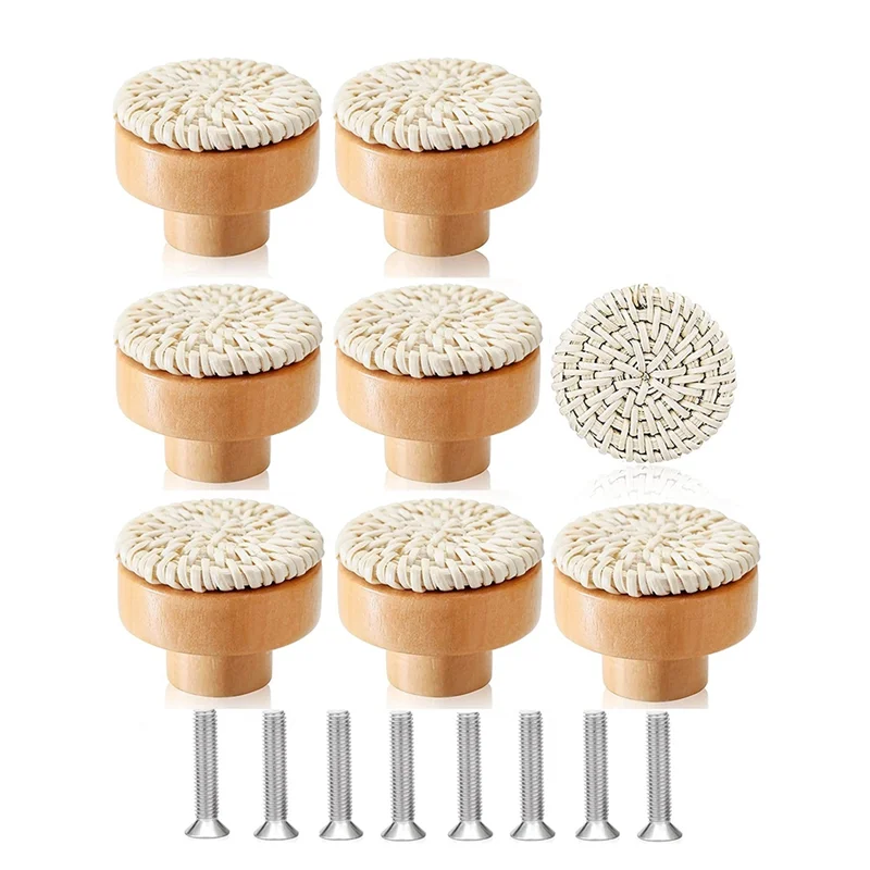 8PCS Boho Rattan Dresser Knobs Wood Drawer Knobs Handmade Woven Wicker Knobs Pull Handle for Cabinet Home Decor