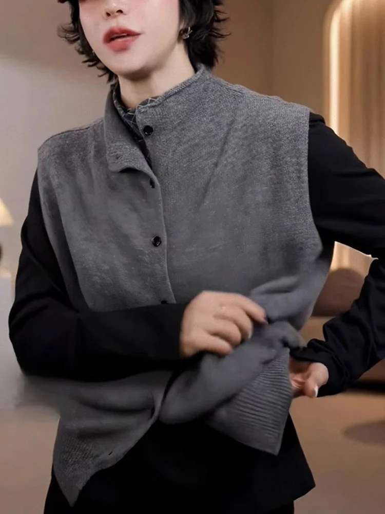 Ele Deep ey Svel Chaleco de punto Casual Commute Top Único Sle Coreano Faion Poeta Lin Marca Botón Detalle Color puro