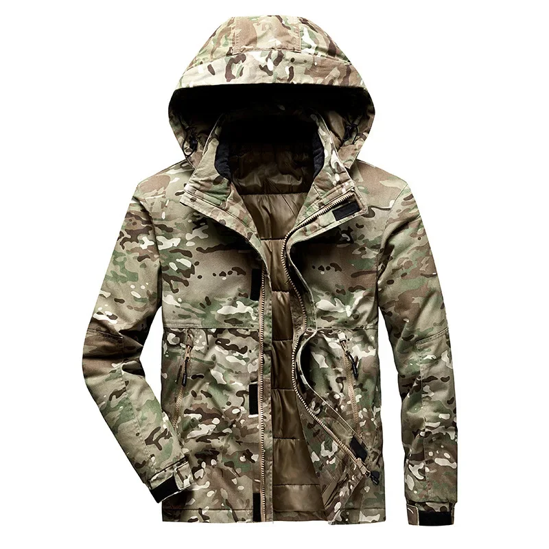 2024 New Men\'s Bomber Jackets Outwear Hooded Zip Up Vintage Winter Parkas Male Camoflage Green Padded Coat High Quality