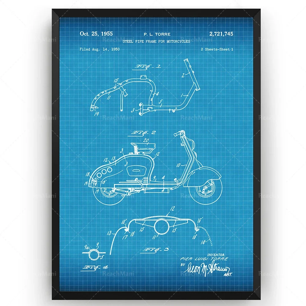 1955 Scooter Patent Art Poster - A retro blueprint-style customized gift for scooter enthusiasts.