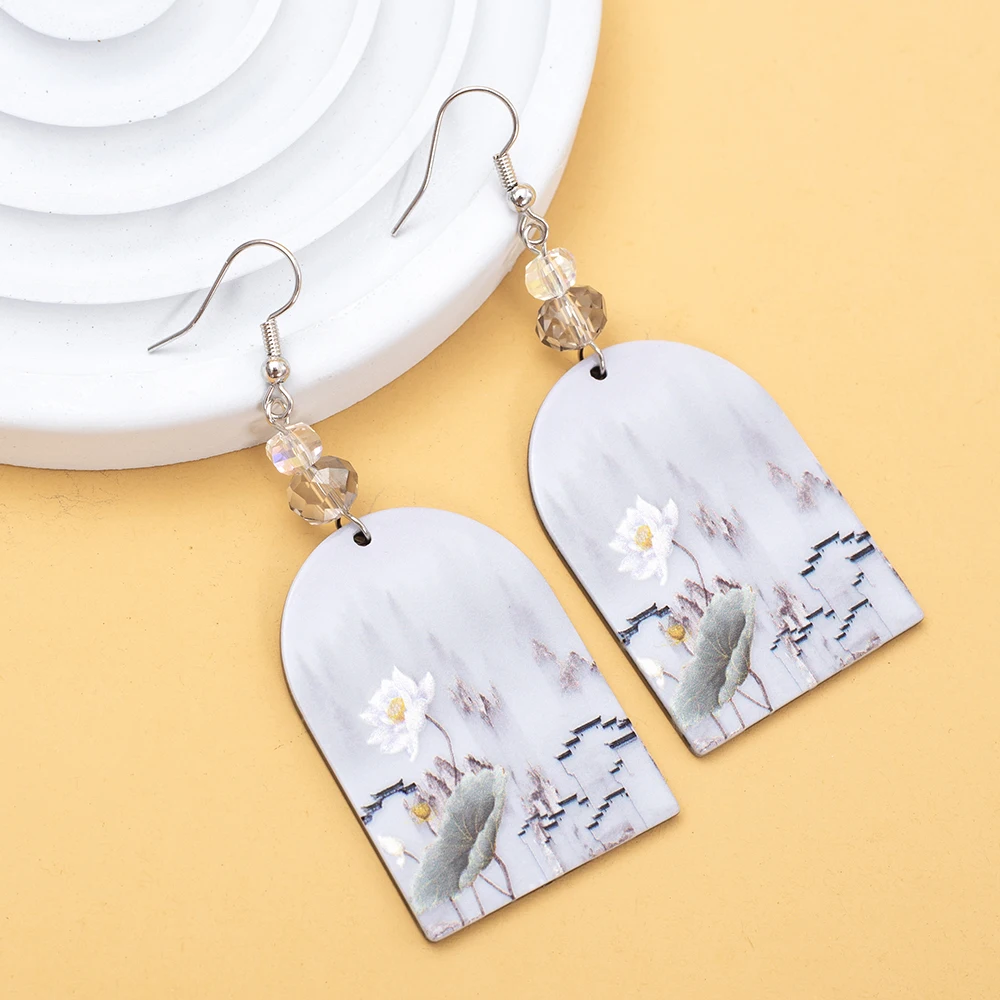 Fashion Ink Painting Lotus Flower Gray Acrylic Elegant Earrings For Women Paired With Shiny Glass Vacation Style Girls Jewelry