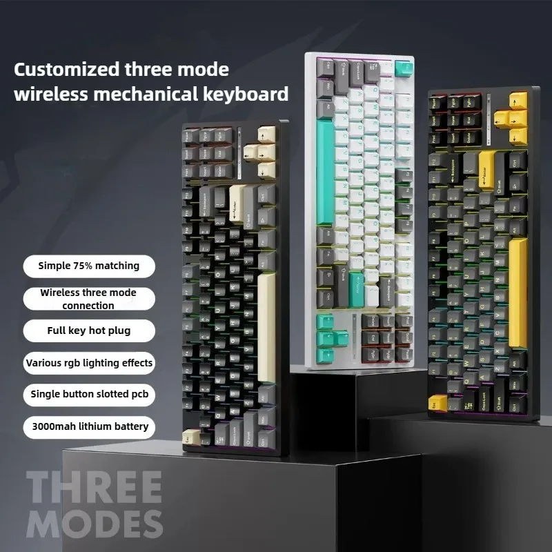 

87 Key Hot Swappable Wireless Bluetooth Wired Three Mode Mechanical Keyboard E Sports RGB Backlight for Office Gamers Typists