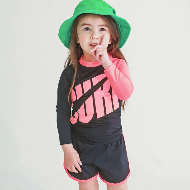 Two Piece Long Sleeve Cover up swimwear beachwear kids girls boys Swimsuits Patchwork Swimwear