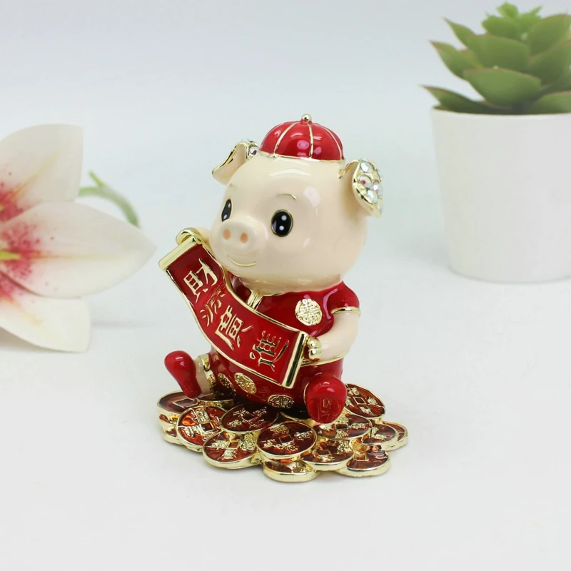 

SHINNYGIFTS Pig Jewelry Box Enamelled Hand Painted with Hinged Trinket Box Animal Collectible Home Decor Easter Gifts for Men