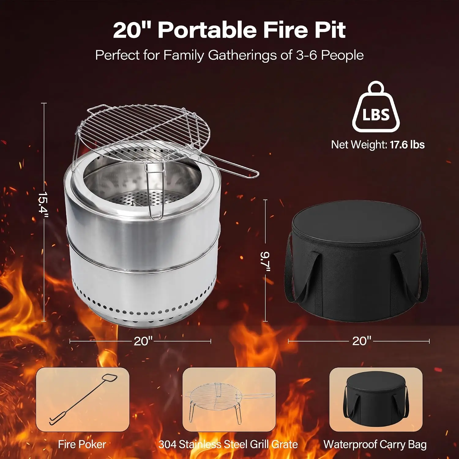 20 Inch Smokeless Fire Pit, Outdoor Wood Burning Firepit with Grill Grate & Stand, Portable Stainless Steel Fire Pit with Carry