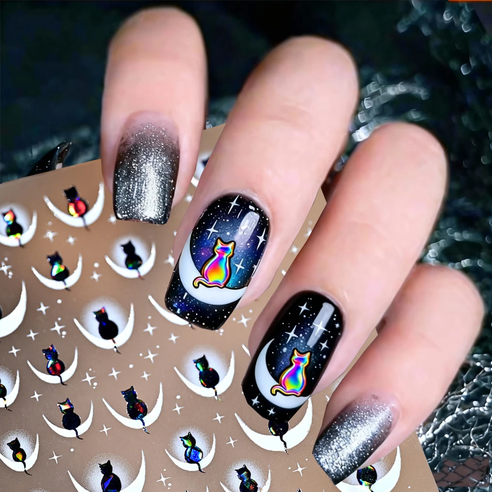 1/2PCS 5D Zwarte Kat Op de Maan Nail Art Sticker Leuke Cartoon Aurora Kleur Kitten Crescent Moon Starburst nail Decal NailSlider #