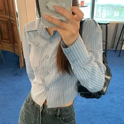Preppy Style Striped Crop Shirt Women Vintage Blue Jk Long Sleeve Blouse Korean Fashion All Match Slim Fit Female Tops