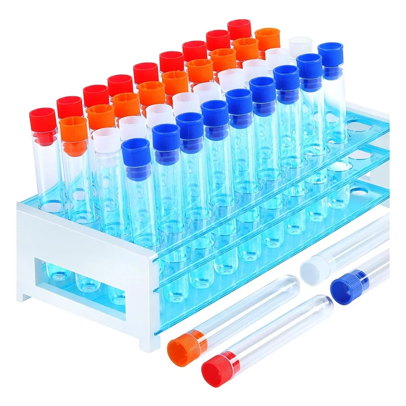 AED5-Test Tubes,40Pcs Test Tubes With Rack,Plastic Test Tubes With Caps,Science Tubes And Test Tube Holder 16X100mm (12Ml)