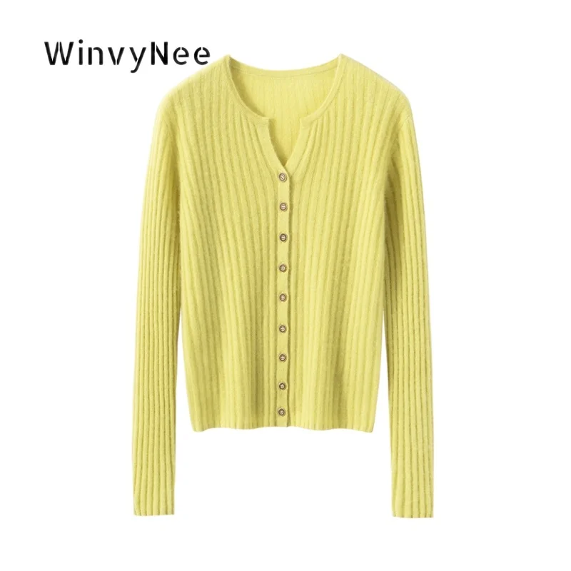 WinvyNee Women Sweater 100% Cashmere Metallic Thread Notch-Collar Vertical-Rib Knitwear Chic Desk Slim Dainty Posh Tops B1824002