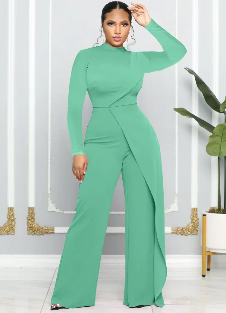 

KEXU Long Sleeve O Neck Droped Side High Waist Straight Jumpsuits 2024 Autumn Winter Fashion Women Elegant Romper