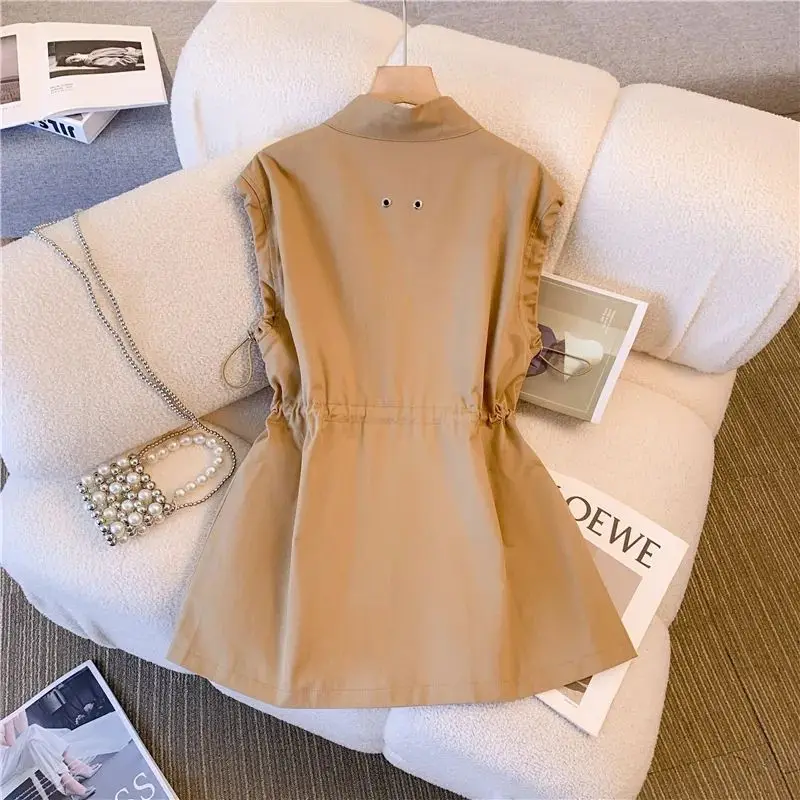 Korean Loose Drawstring Vests Jacket Spring Autumn New Pleated Solid Color Sleeveless Casual Tops Vintage Fashion Women Clothing