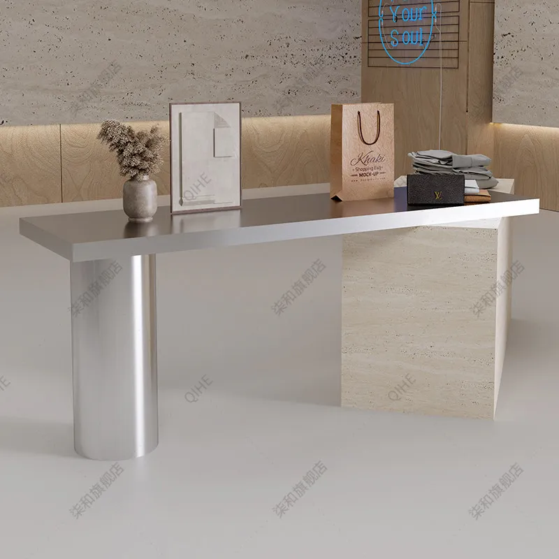Clothing Store Roman Travertine Display Table Stainless Steel Nakajima Terrace Buyer's Store Storage Desk Boutique Product Displ