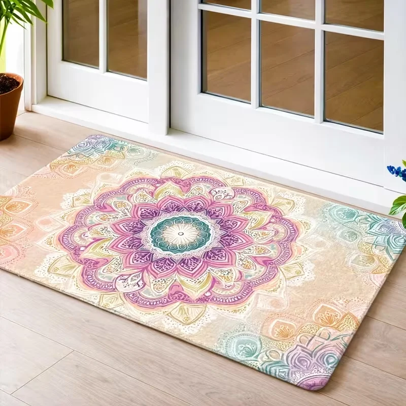 Boho Pastel Floral Door Mat Non Slip Indoor Entrance Rug Colorful Vintage Lotus Medallion Pattern Doormat for Hallway Kitchen