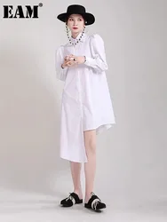 [EAM] Women White Irregular Hem Midi Elegant Shirt Dress New Lapel Long Puff Sleeve Fashion Tide Spring Autumn 2024 1DH5083