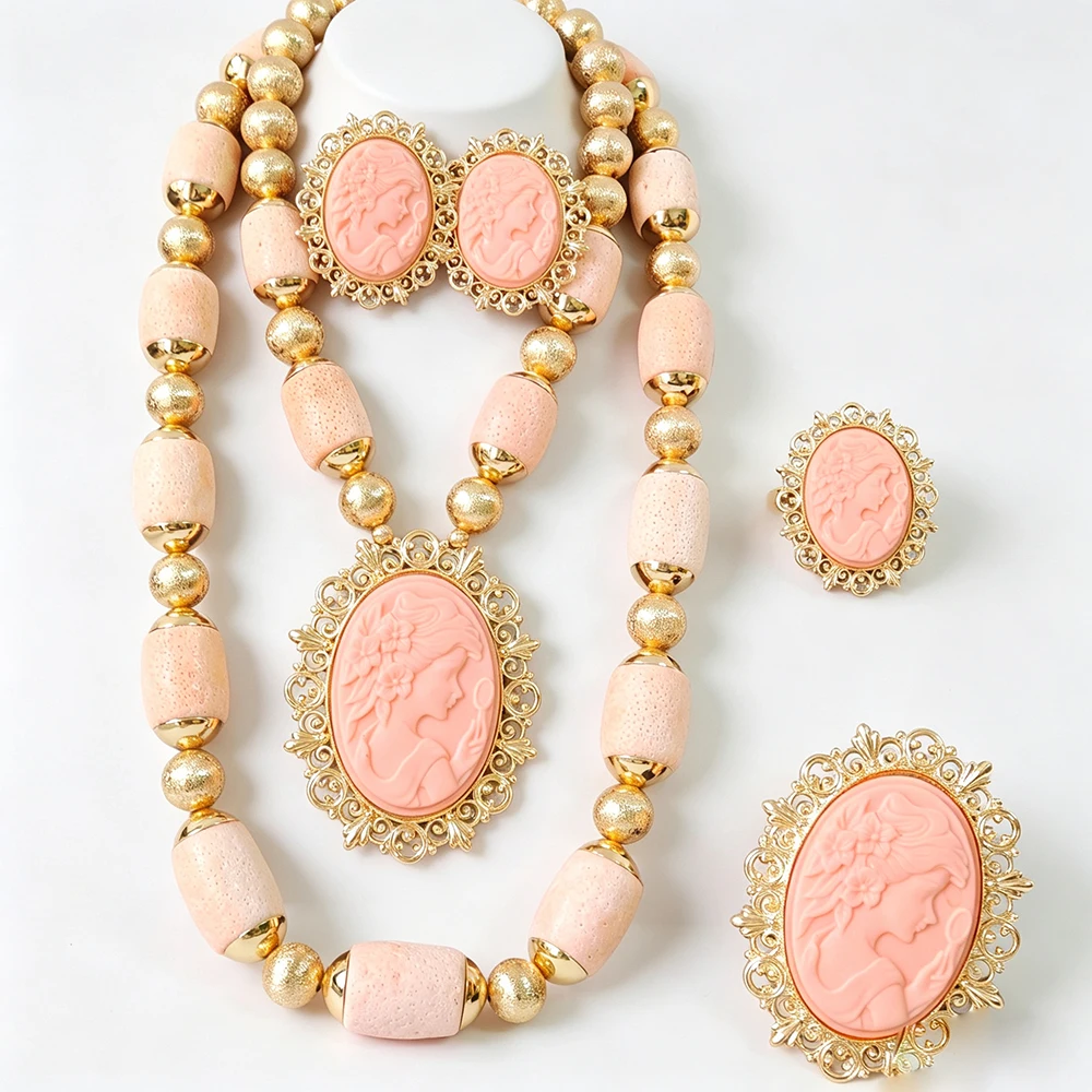 

Peach African Necklaces Jewelry Set Nigerian Handcrafted Coral Beads Bridal Accessories