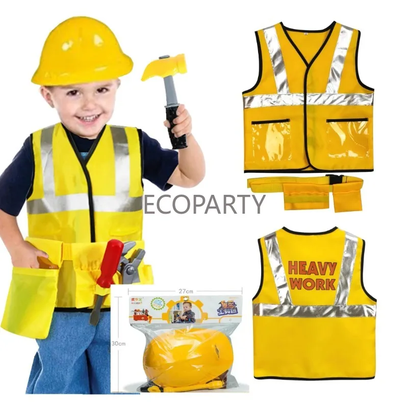 2024 Construction Worker Costume Kit For Kids Engineer Role Play Toy Set Career Costumes Heavy worker cosplay Party Game Gift