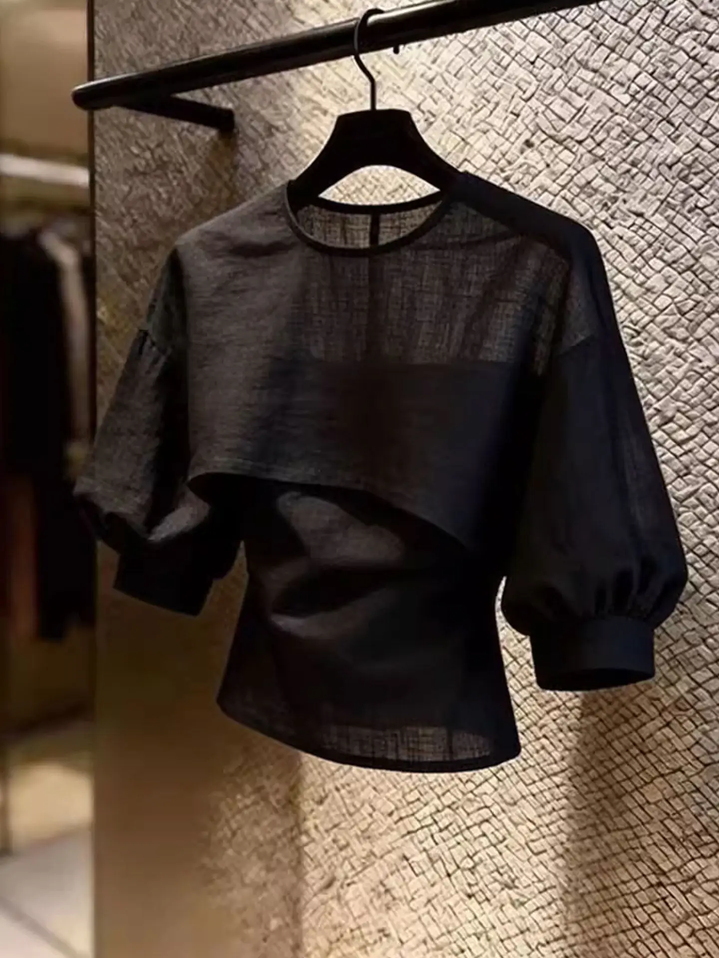 

Fashionable Pure Color Bubble Sleeve T-Shirt Women's Premium Summer Trendy Top Commute Style Straight Cut Five Sleeve Length