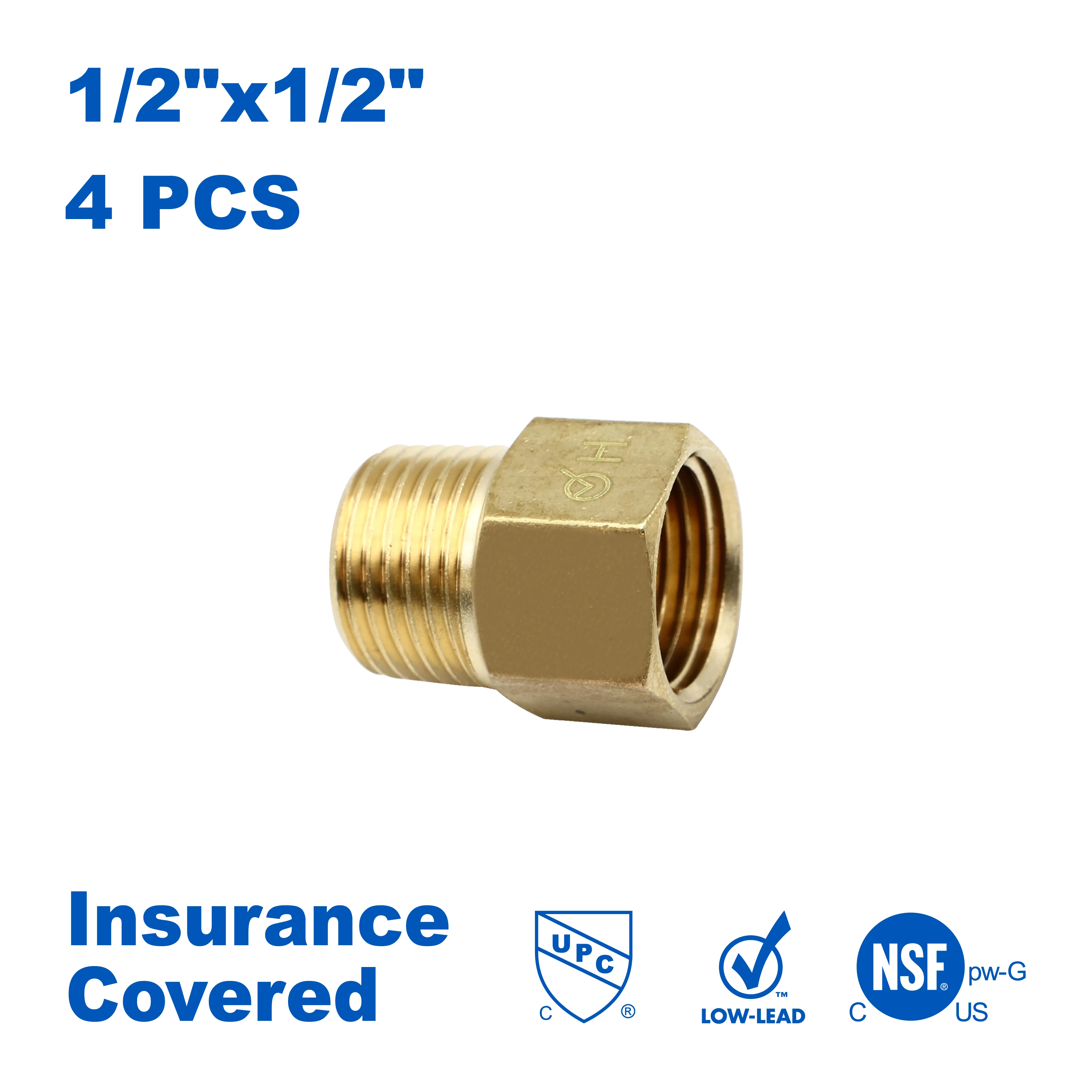 KING SMART 1/2'' Male NPT * 1/2'' Female NPT Pipe Fitting Adapter; 4 Pcs/Case; Lead Free Brass; 81313