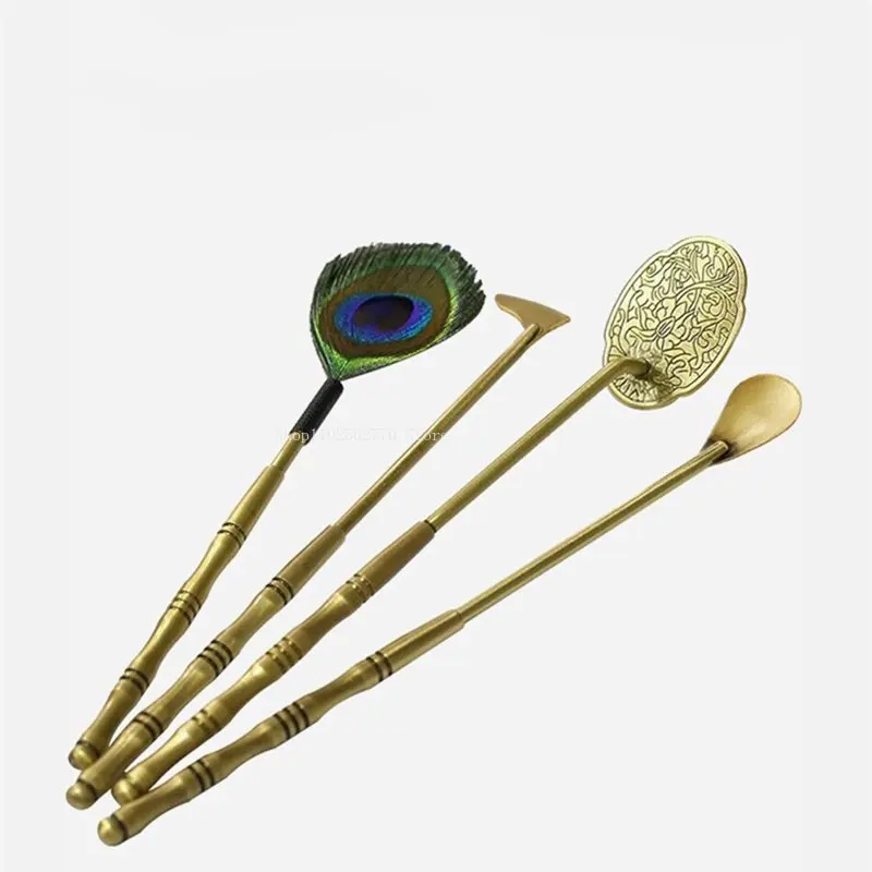 4pcs Peacock Feathers Sweep Pure Copper Incense Utensils Entry Set DIY Incense Shovel Incense Spoon Seal Tool Hit Seal Hit Tuo