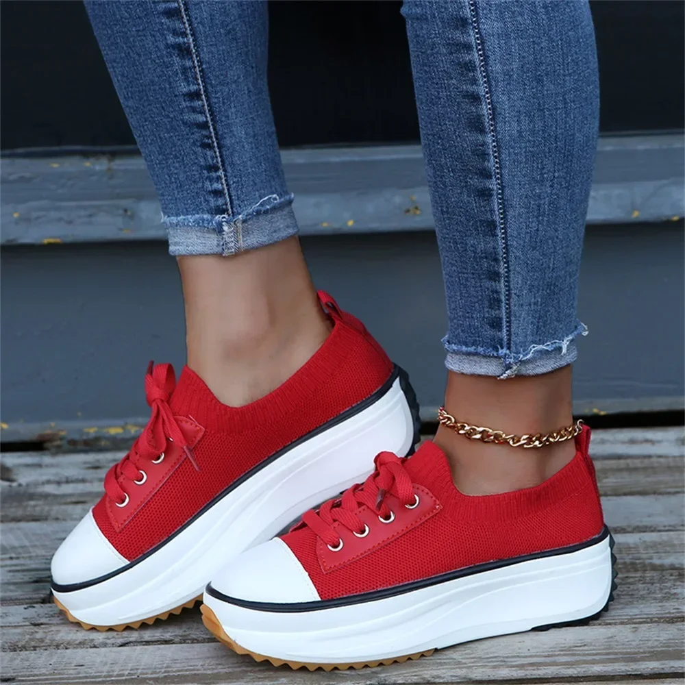 Women's New Sneakers 2022 Spring Stretch Fabric Ladies Lace Up Casual Shoes 35-44 Large-Sized Running Walking Sport Flats