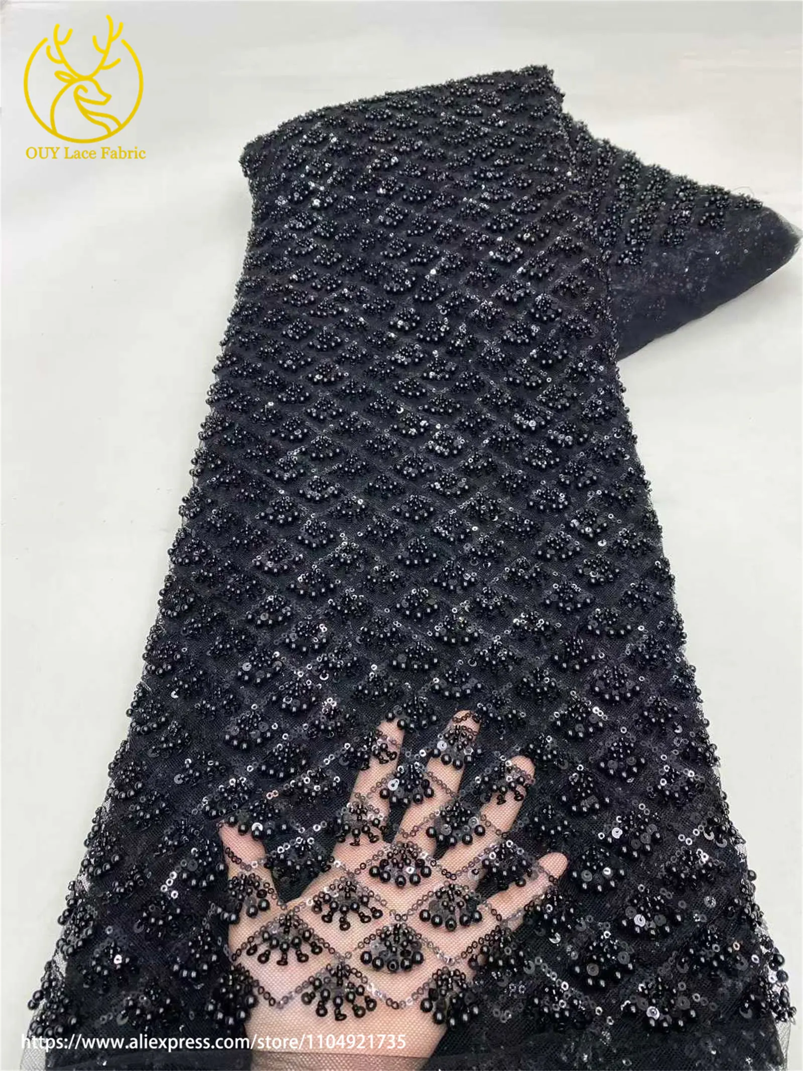 Afrikanischer Perlen-Spitzenstoff 2026 Himmelblau Neueste Nigerianische Französische Pailletten-Tüllspitze Brautkleid Hochzeitskleid Material – Detail 4