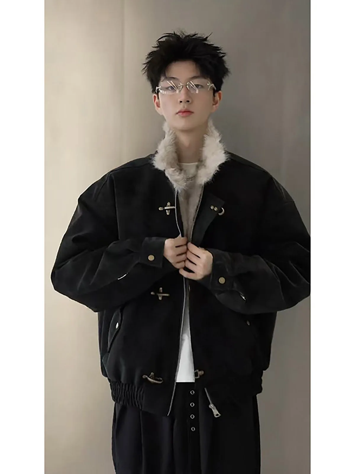 Thickened Lamb Fur Cotton Jacket Men's Winter American Style Fleece Lined Jacket Metal Aircraft Buckle Cotton Coat Outerwear