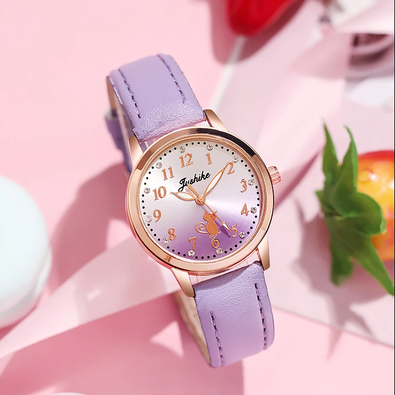 Cute Cat Children Watches Watch Casual Children Simple Rhinestone Girls Wristwatch Gradient Color Leather Quartz Kids Clock Gift