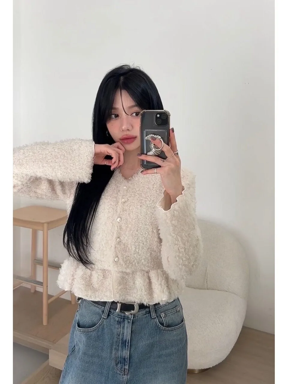 East Gate Celebrity Style Pearl Button Slim Fit Ruffle Hem Knitted Shirt Women's Warm Top Short Coat Polyester Fiber