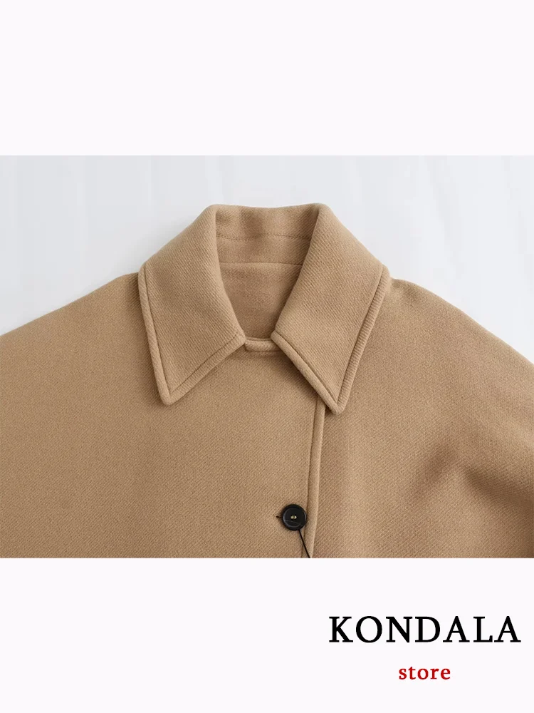 KONDALA Casual Vintage Chic Women Overcoat Camel Solid Pockets Single Breasted Short Loose Coat Fashion 2023 Autumn Winter Coat