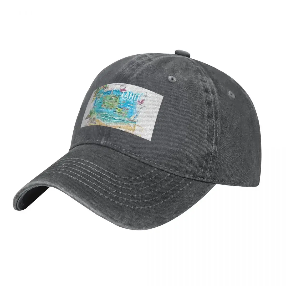 Tahiti Illustrated Travel Map with Roads and Highlights Baseball Cap Hat Beach Horse Hat Gentleman Hat Women Caps Men's