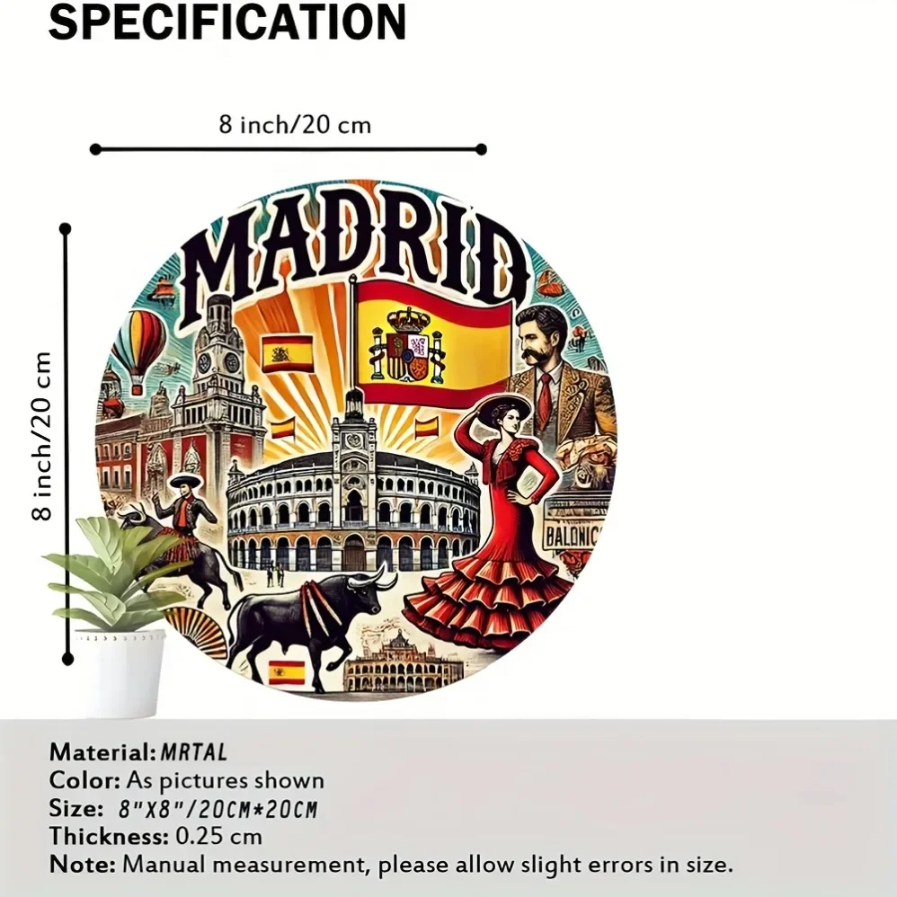 "علامة معدنية مسطحة 2D عتيقة من MADRID: ديكور دائري قابل لإعادة الاستخدام مقاس 8 بوصات - وليمة مرئية لثقافة مدينة مدريد وجذب سياحي | #2