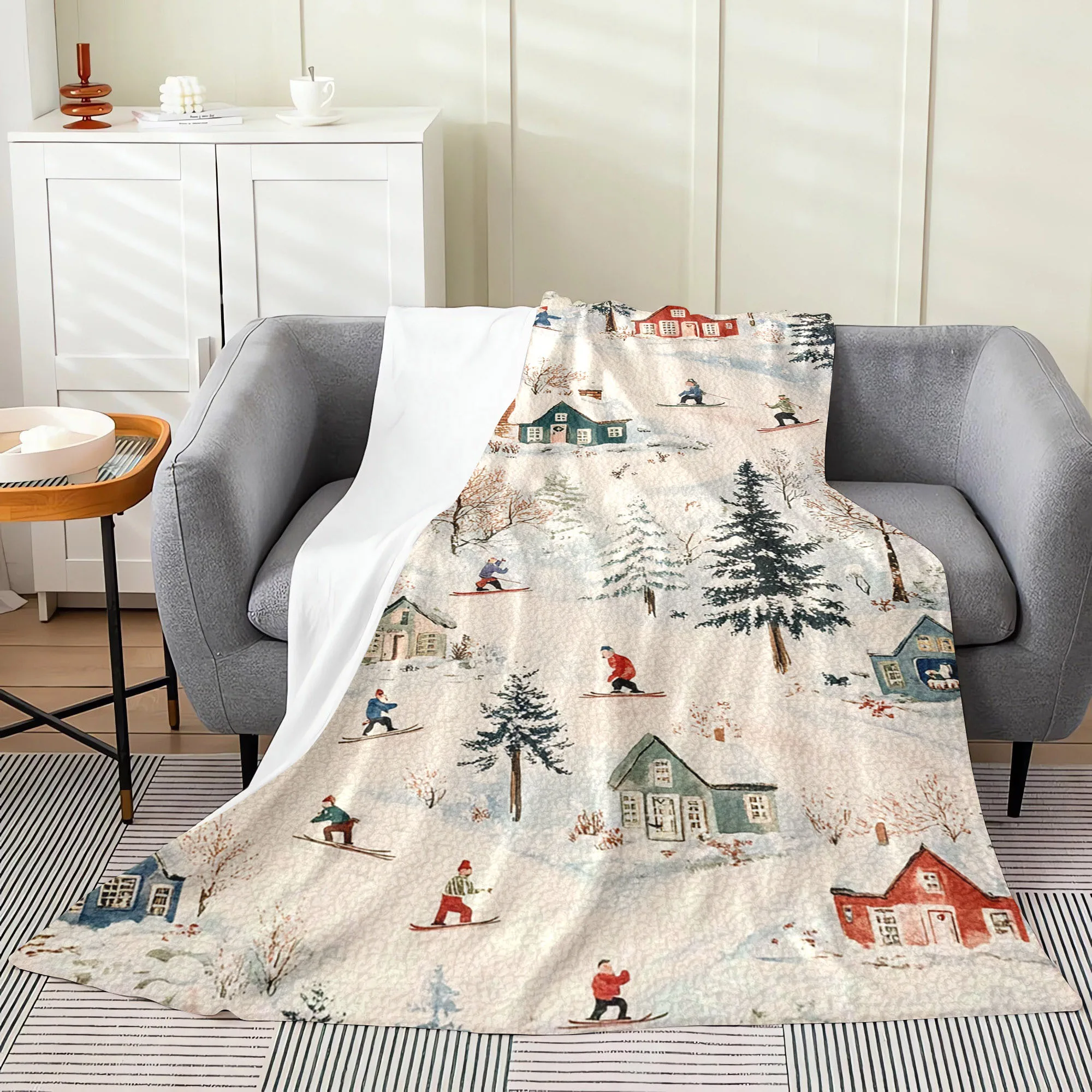 Winter Cabin Ski Flannel Blanket - 100% Polyester Digital Print | Hypoallergenic | All-Season Bed/Travel/Camping Throw