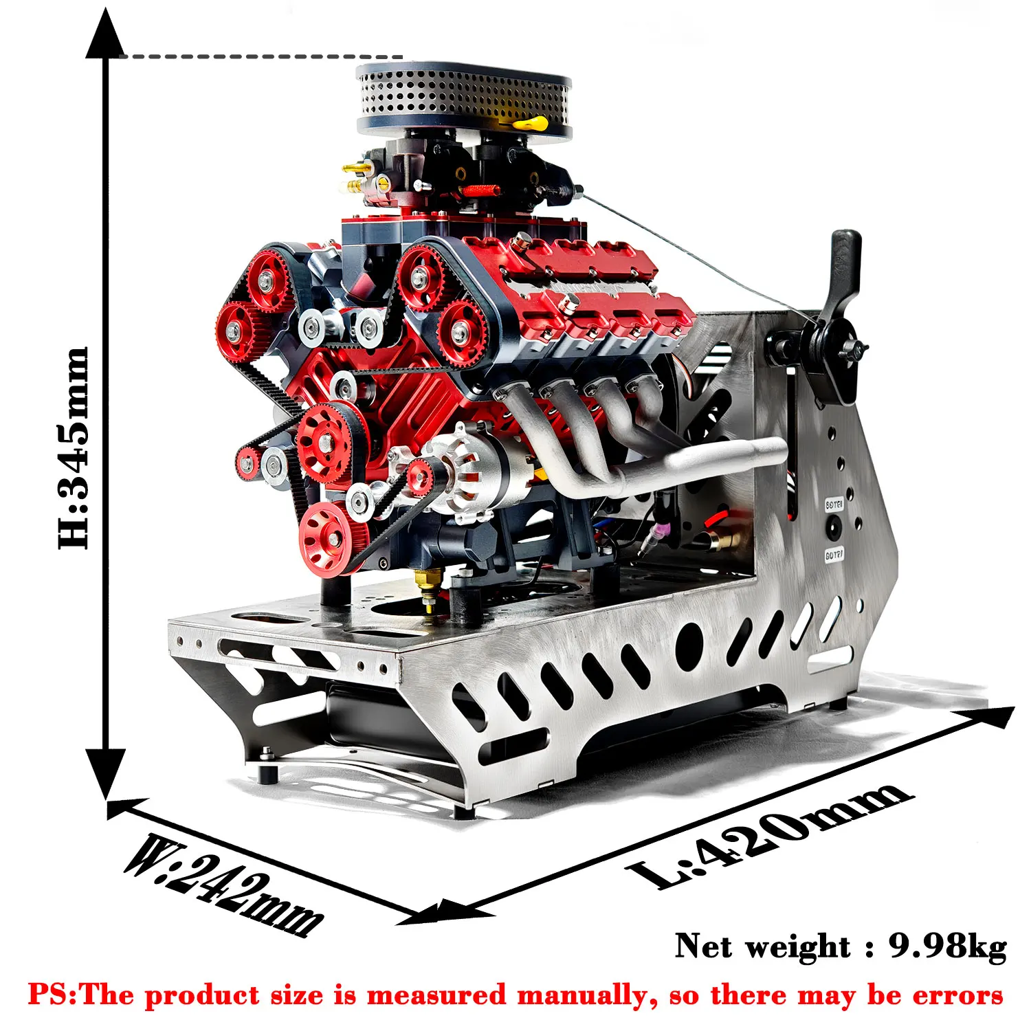 GS-V8 8-Cylinder 78cc Four-Stroke Gas Version Engine Model with Air Cooled Starter Kit Metal Base Internal Combustion Engine