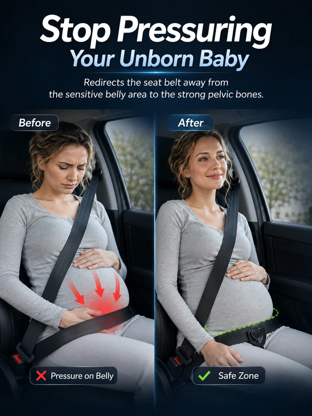 Pregnancy Seat Belt Adjuster for Car, Maternity Belly Comfort Positioning Strap with Heart Buckle, Universal Auto Accessory