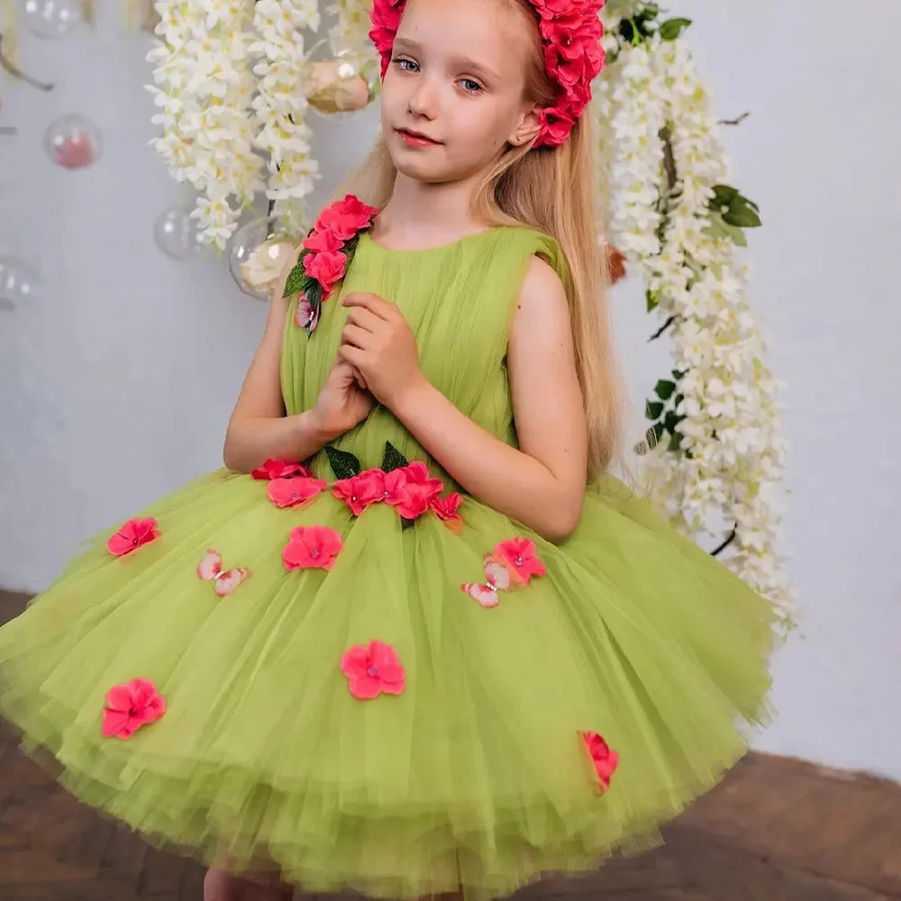 Grünes Blumen mädchen kleid für Hochzeits tüll geschwollen mit roten Applikationen Prinzessin Kinder geburtstags feier Erstkommunion Ballkleider