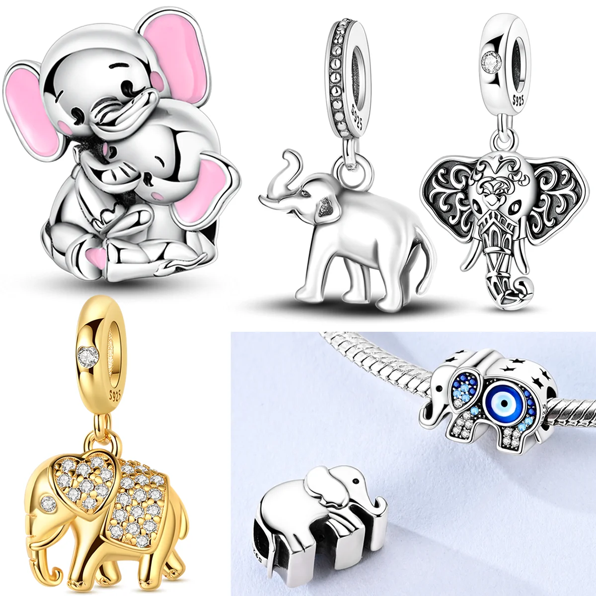 Elephant Mother and Daughter Charms Bead 925 Sterling Silver CZ Zircon Mom Gift Pendants Fit Original Bracelet DIY Jewelry